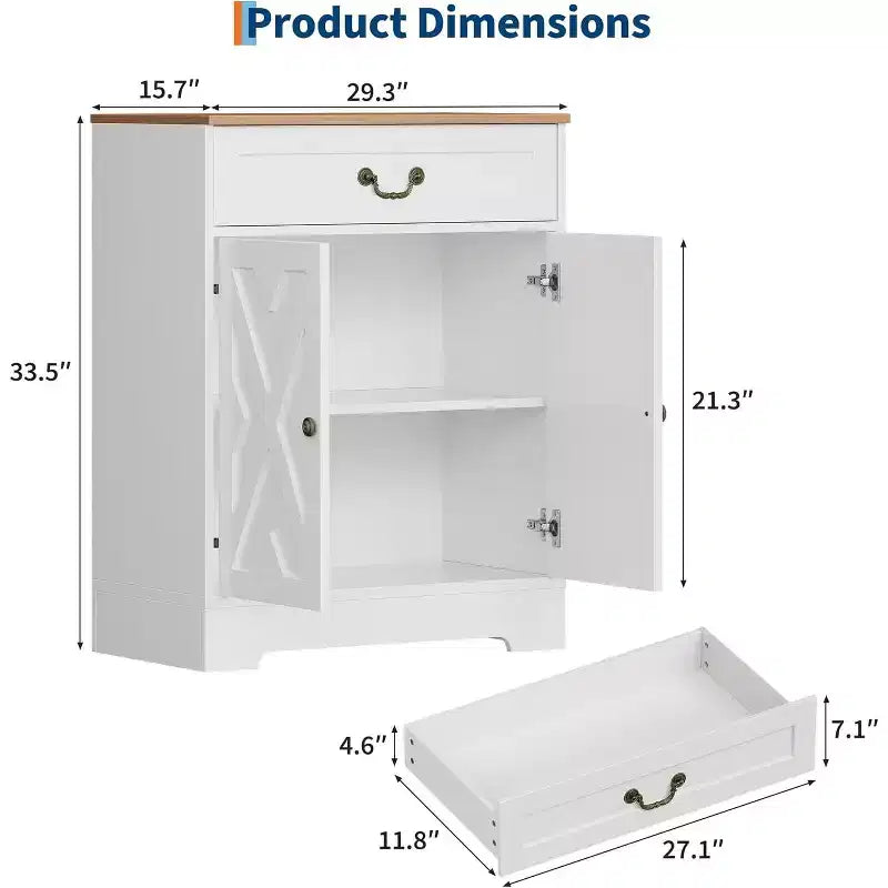 Armoire - Buffet de cuisine/Bahut de rangement avec 2 portes, tiroir et étagère réglable, Armoire blanche pour cuisine, salon