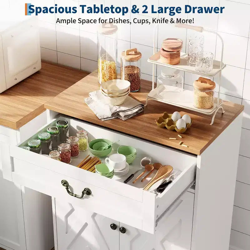 Armoire - Buffet de cuisine/Bahut de rangement avec 2 portes, tiroir et étagère réglable, Armoire blanche pour cuisine, salon