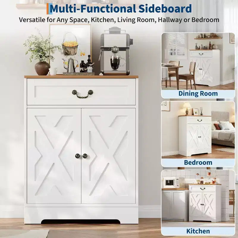 Cabinet - Kitchen Storage Buffet Sideboard with 2 Doors, Drawer & Adjustable Shelf, White Cabinet for Kitchen, Living Room