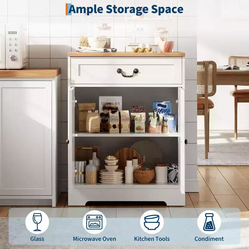 Armoire - Buffet de cuisine/Bahut de rangement avec 2 portes, tiroir et étagère réglable, Armoire blanche pour cuisine, salon
