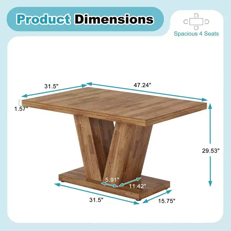 Table de salle à manger TUYOHW pour 4-6 personnes, table de cuisine rectangulaire avec plateau épais de 4 cm et support triangulaire, 120 cm de long, noyer+marron