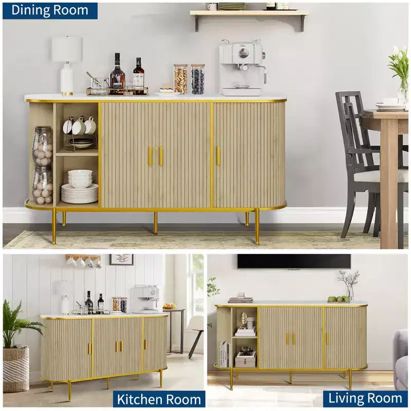 Buffet-bahut moderne du milieu du siècle, 59 pouces, meuble de rangement cannelé avec pieds en métal, table console pour salle à manger, salon, entrée