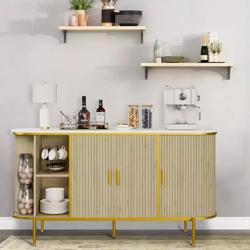 Buffet-bahut moderne du milieu du siècle, 59 pouces, meuble de rangement cannelé avec pieds en métal, table console pour salle à manger, salon, entrée