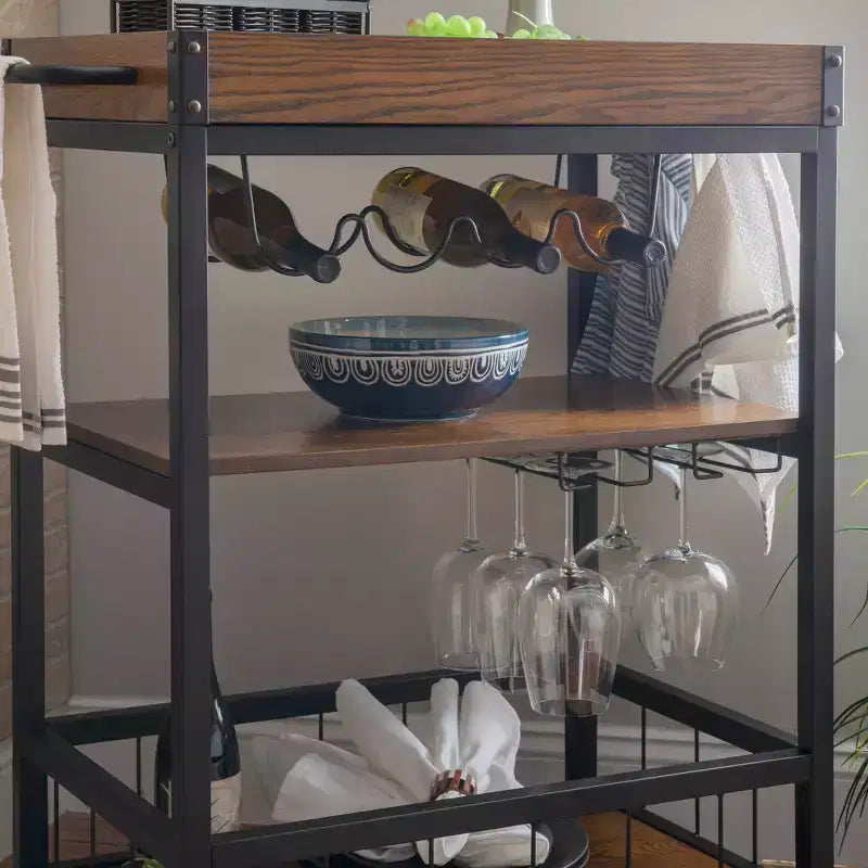 Desserte de cuisine industrielle métal/bois 3 étagères Rangement pour bouteilles et verres sur roulettes