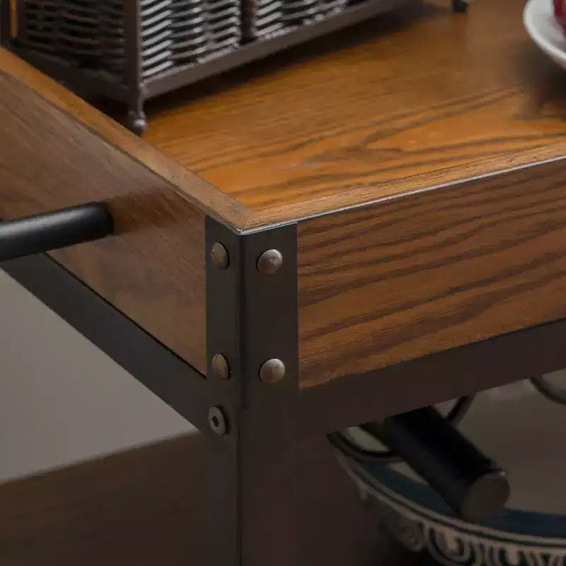 Desserte de cuisine industrielle métal/bois 3 étagères Rangement pour bouteilles et verres sur roulettes