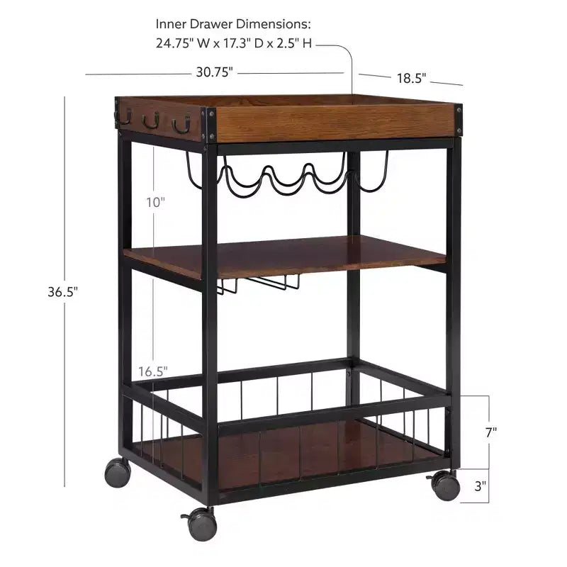 Desserte de cuisine industrielle métal/bois 3 étagères Rangement pour bouteilles et verres sur roulettes
