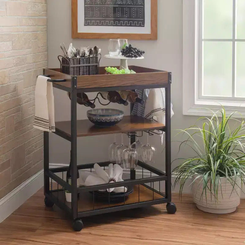 Desserte de cuisine industrielle métal/bois 3 étagères Rangement pour bouteilles et verres sur roulettes