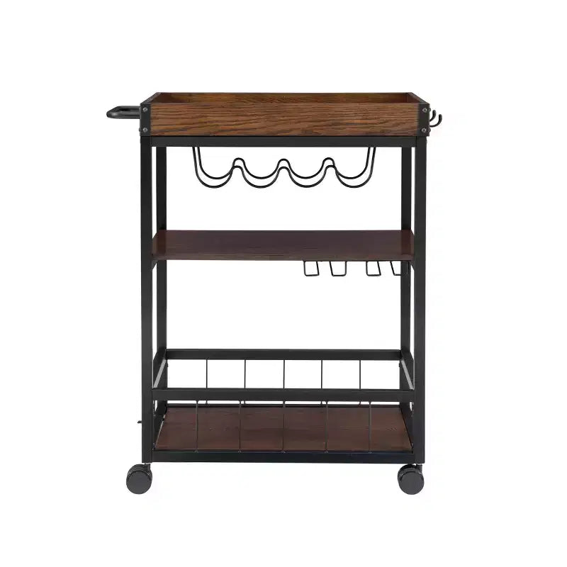 Desserte de cuisine industrielle métal/bois 3 étagères Rangement pour bouteilles et verres sur roulettes