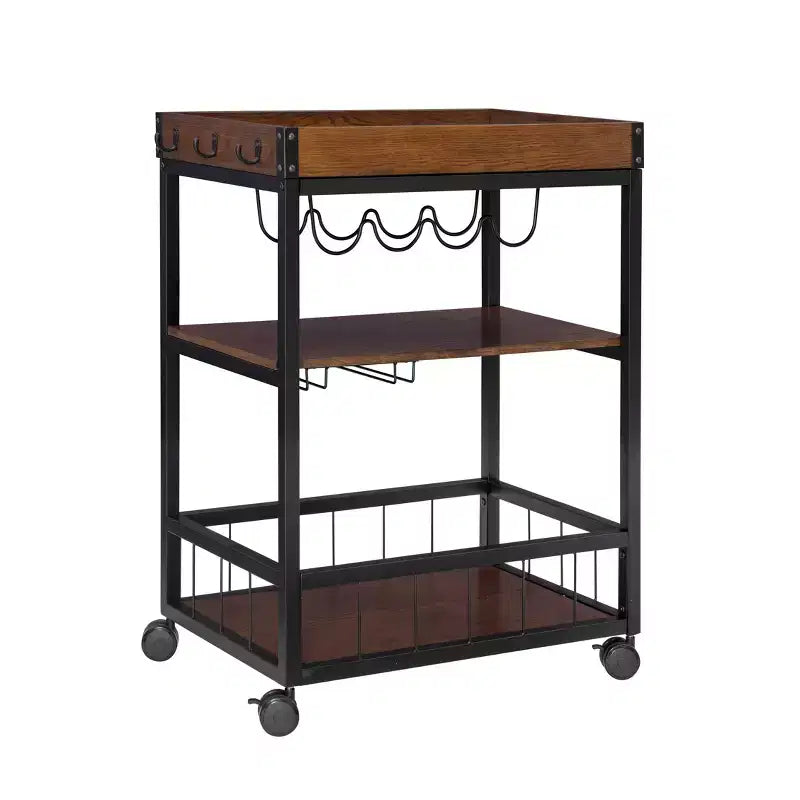Desserte de cuisine industrielle métal/bois 3 étagères Rangement pour bouteilles et verres sur roulettes