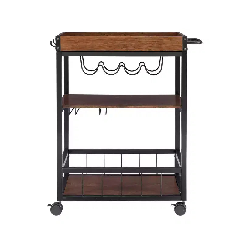 Desserte de cuisine industrielle métal/bois 3 étagères Rangement pour bouteilles et verres sur roulettes
