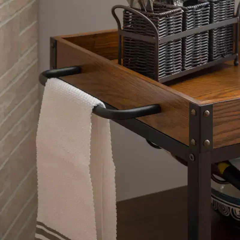 Desserte de cuisine industrielle métal/bois 3 étagères Rangement pour bouteilles et verres sur roulettes
