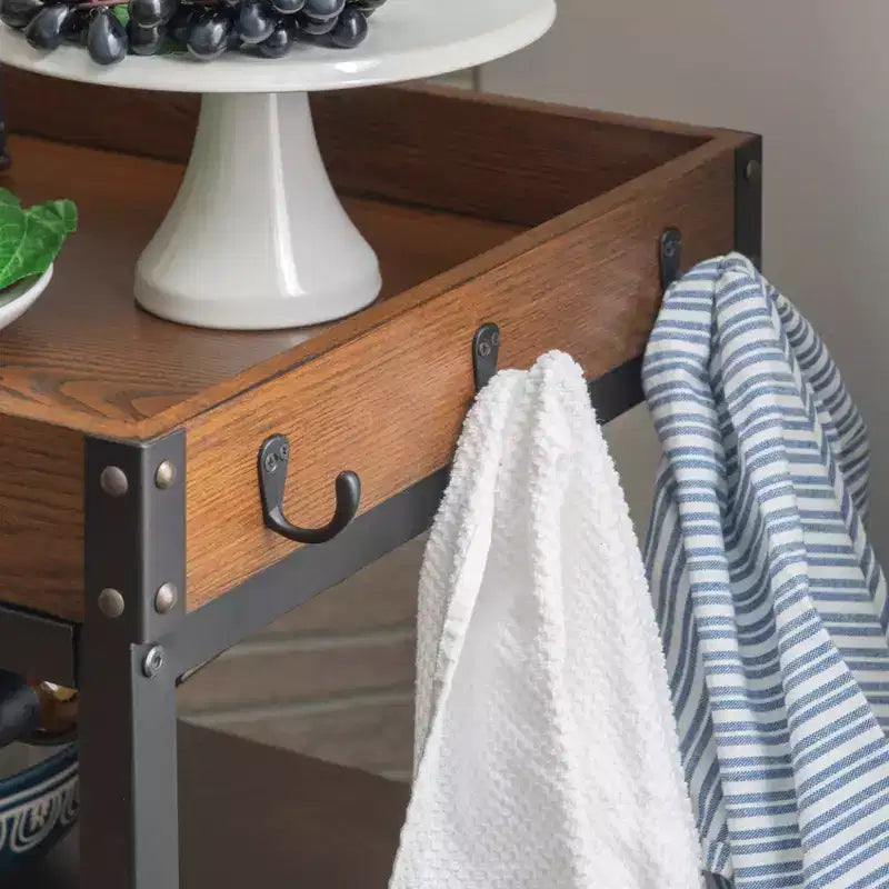 Desserte de cuisine industrielle métal/bois 3 étagères Rangement pour bouteilles et verres sur roulettes