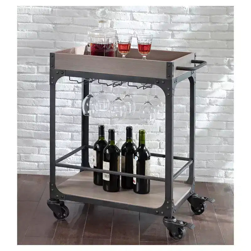 Chariot de bar et casier à vin gris vieilli - Chariot de service de boissons de style vintage avec roues verrouillables
