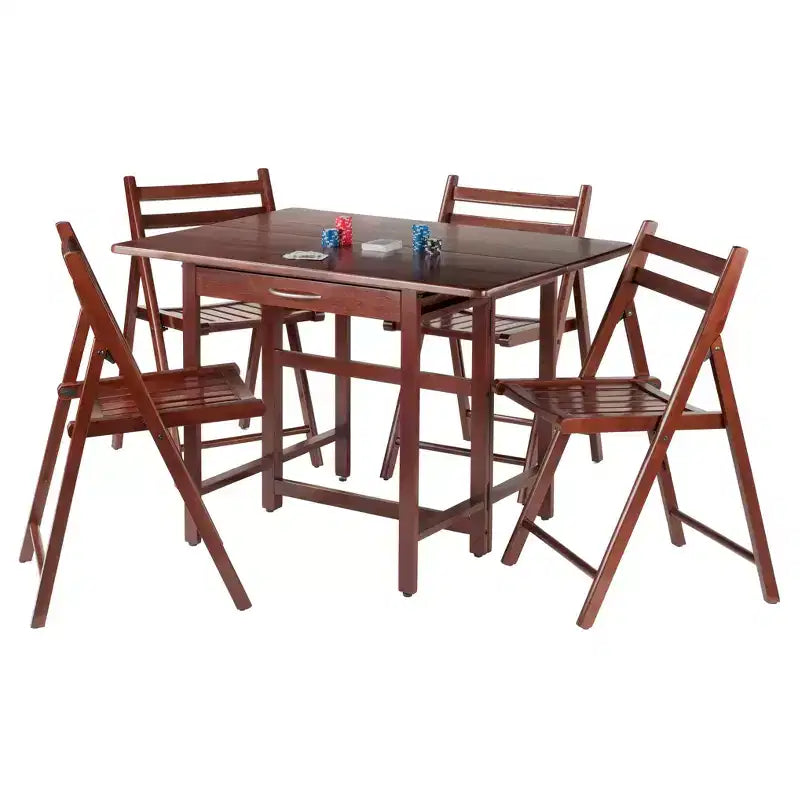 Ensemble de salle à manger Taylor 5 pièces à rabat avec chaises pliantes Noyer -: Salle à manger traditionnelle en bois massif, 4 sièges sans accoudoirs, rectangulaire