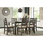 Table à manger Rokane marron, chaises rembourrées, cadre en bois