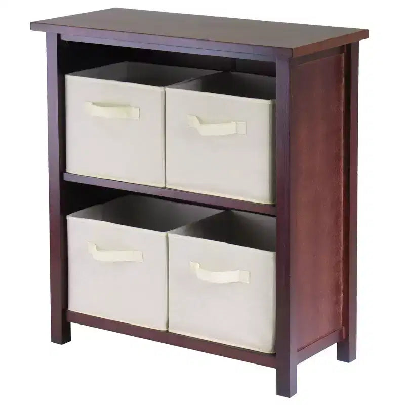 Winsome 5pc Verona Set Storage Shelf with Folding Fabric Baskets Walnut/White: Mid-Century Modern Design, Wood Composite