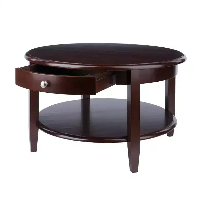 Table basse ronde avec tiroir et étagère - Noyer antique