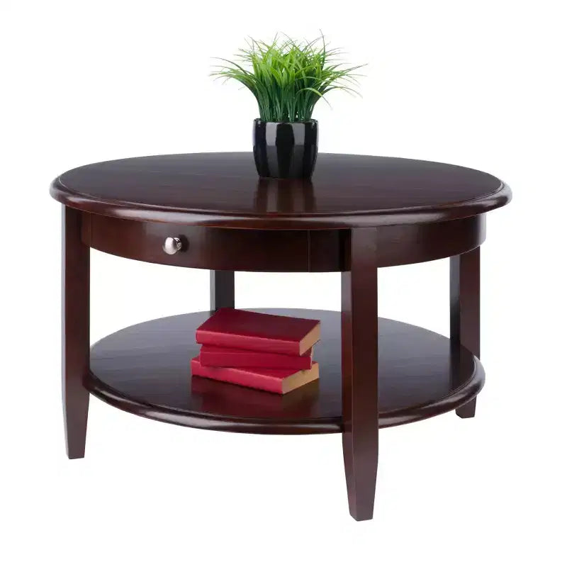 Table basse ronde avec tiroir et étagère - Noyer antique