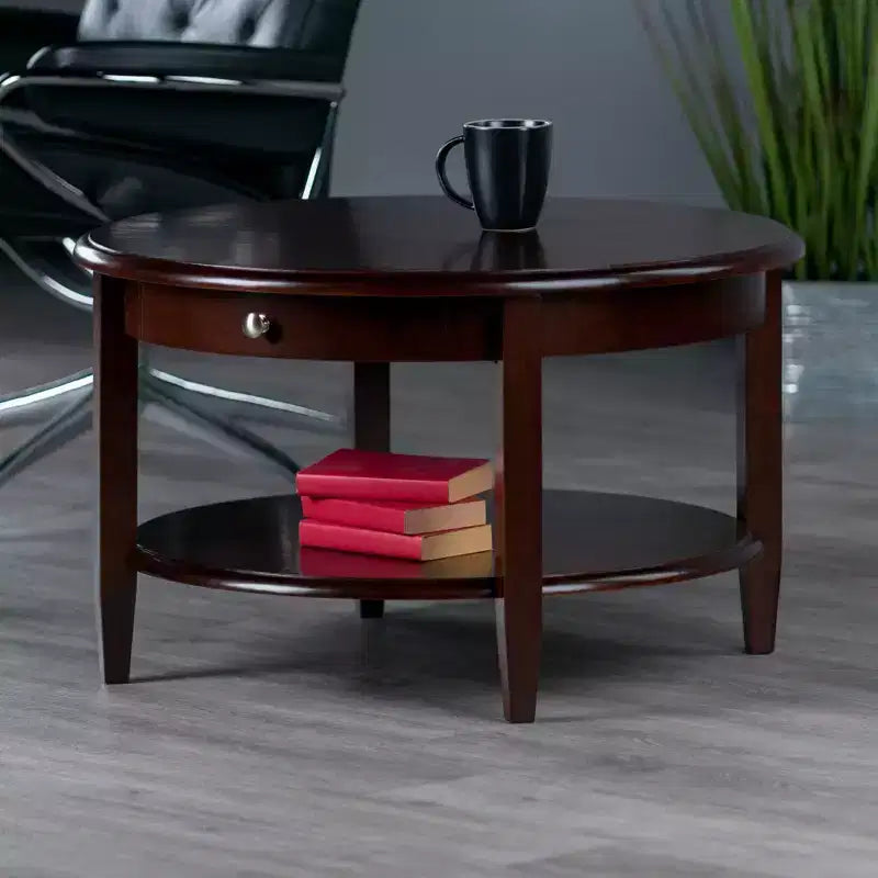 Table basse ronde avec tiroir et étagère - Noyer antique