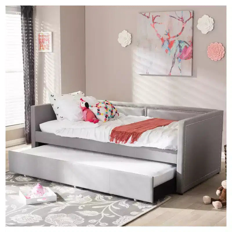 Lit de repos jumeau Raymond moderne et contemporain avec clous décoratifs en tissu, lit gigogne et roulettes de lit d'appoint gris : Structure en bois d'hévéa