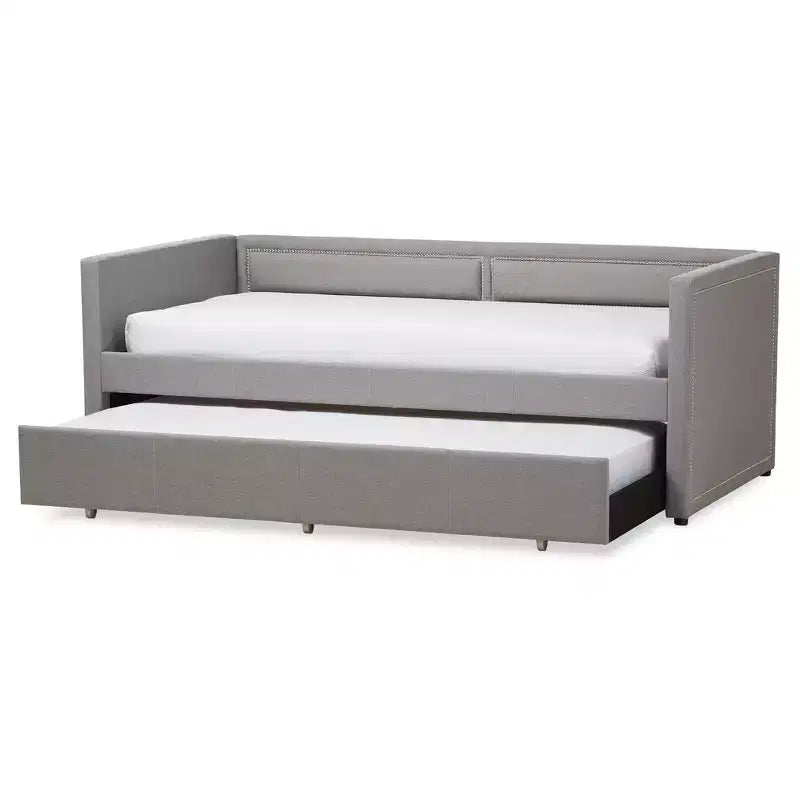 Lit de repos jumeau Raymond moderne et contemporain avec clous décoratifs en tissu, lit gigogne et roulettes de lit d'appoint gris : Structure en bois d'hévéa