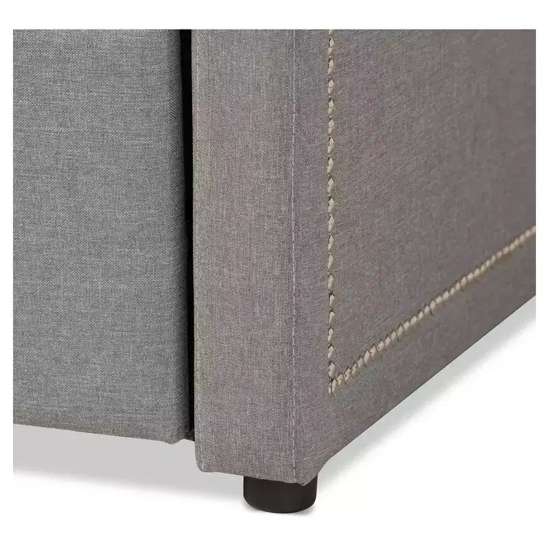 Lit de repos jumeau Raymond moderne et contemporain avec clous décoratifs en tissu, lit gigogne et roulettes de lit d'appoint gris : Structure en bois d'hévéa