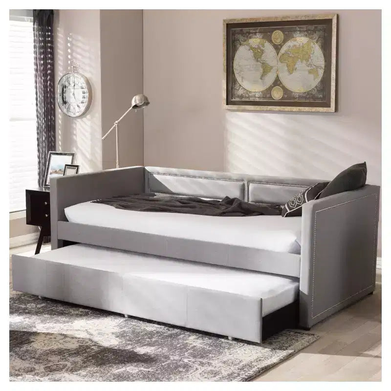 Lit de repos jumeau Raymond moderne et contemporain avec clous décoratifs en tissu, lit gigogne et roulettes de lit d'appoint gris : Structure en bois d'hévéa