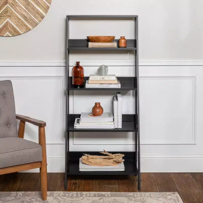 Étagère bibliothèque 55" en bois à 4 tablettes, style échelle